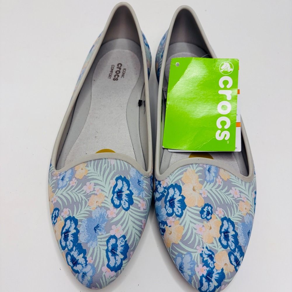 NEW Crocs Eve Graphic W Floral Gold Tropical Pointed Toe Flats Blue Womens 8